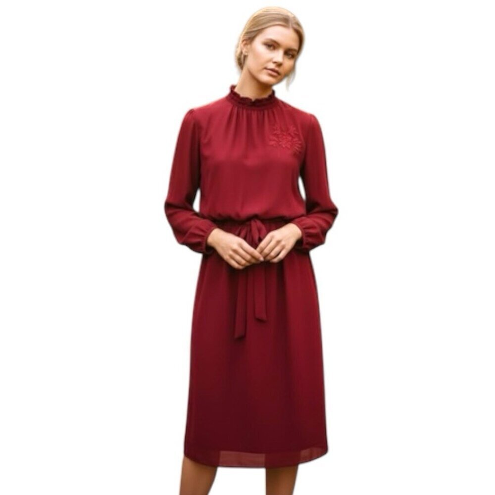 Vintage 80s Sheer Crepe Midi Dress Burgundy Sz 40 S/M Embroidered Feminine